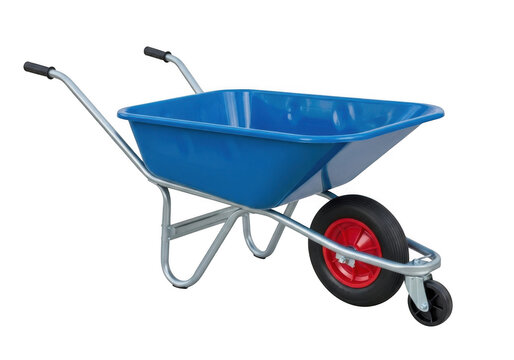 Blue wheelbarrow with red handle and a black bag inside it isolated on transparent background