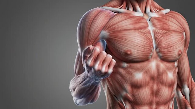 A photorealistic three dimensional render of a male torso performing a bicep curl in extreme slow motion the semi transparent skin layer reveals complex muscle structures beneath the biceps flexes pro