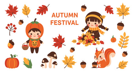Fototapeta premium Cute Autumn Festival Characters and Elements, Vector Illustration with Copy Space