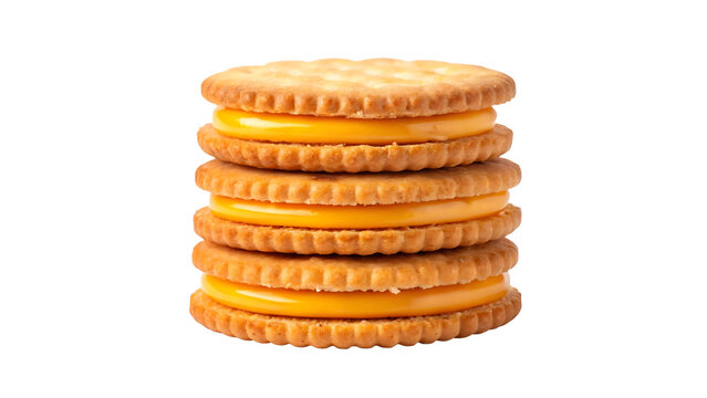 Stack of delicious cracker sandwich biscuits with rich cheese filling isolated on transparent background