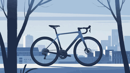 Fototapeta premium Cityscape with bicycle on road and isometric buildings flat vector illustration