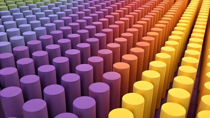 Obraz premium Abstract 3d render of a dense grid of vertical cylinders with a smooth gradient from purple to orange colors