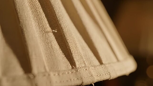Closeup of a pleated fabric lampshade with warm lighting.