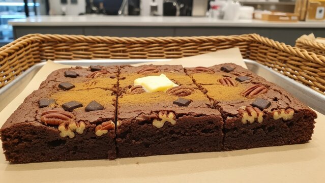 Freshly baked chocolate brownies with pecans and a pat of butter in a woven basket