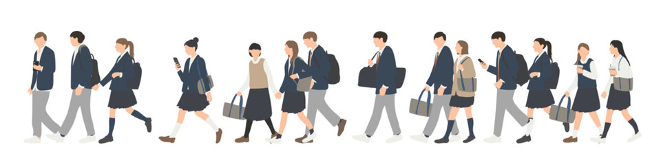 Obraz premium 通学する学生の歩く人イラストセット 制服の男女 通学シーン素材