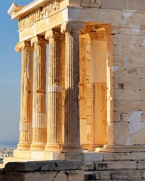 ancient greek temple, Close up of Parthenon temple over bright blue sky background, Acropolis hill, Athens