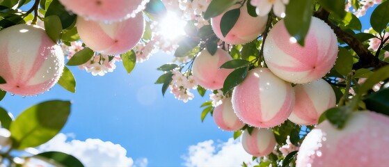Pink and White Striped Apples on Tree with Blue Sky