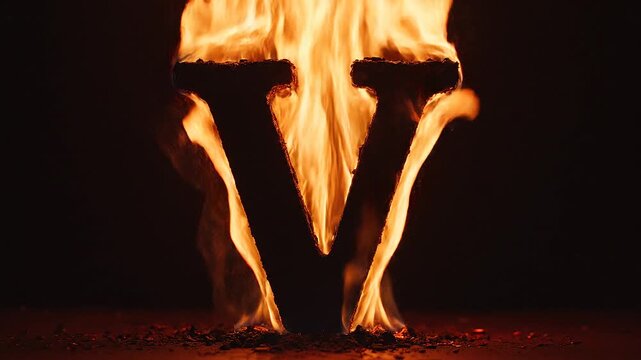 flaming letter V made of fire