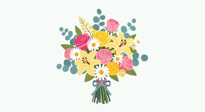 A colorful bouquet of flowers with pink roses and yellow lilies