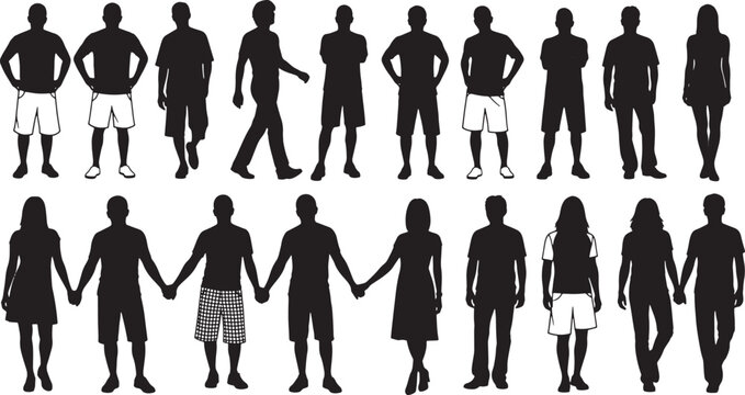 Set of diverse silhouettes showing various human poses and interactions