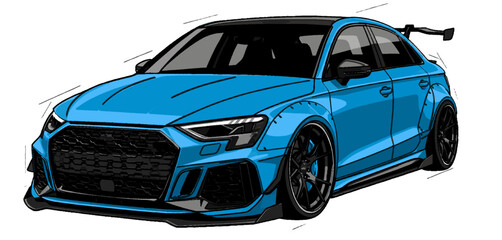 Tuning Racecar Blue German Sportscar with aggressive widebody  comic style  © Marcel