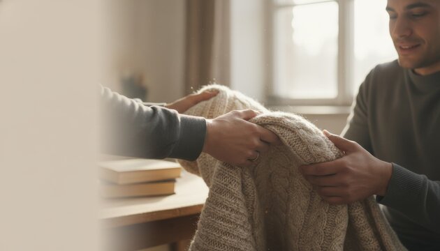 People Sharing Warm Knitted Blanket in Cozy Indoor Setting
