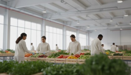 Naklejka premium Workers Sorting Fresh Vegetables in Food Distribution Warehouse