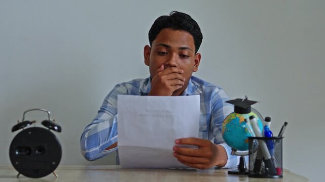 Front view of student reviewing scholarship application form with hopeful expression