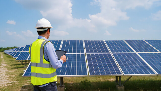 Technician recording data at solar farm.
​Digital tablet used for onsite diagnostics.
​Professional wearing yellow safety gear.
​Photovoltaic panels under a clear sky.
​Sustainable energy