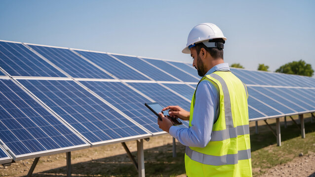 Engineer checking solar panel efficiency.
​Digital tablet for field monitoring.
​Professional technician in safety gear.
​Photovoltaic array under blue sky.
​Sustainable energy infrastructure
