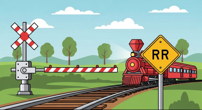 Vintage steam train approaching a railway crossing with barrier down.