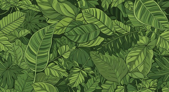 lush green jungle foliage background with detailed tropical leaves and natural plant textures