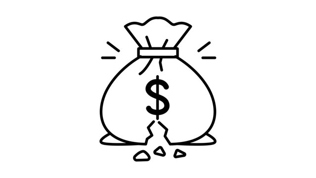 Bankruptcy and Financial Loss Concept: Minimalist Black Line Vector Icon Illustration of a Broken Money Bag with a Dollar Sign on White Background, Featuring an Editable Stroke for Custom Design.