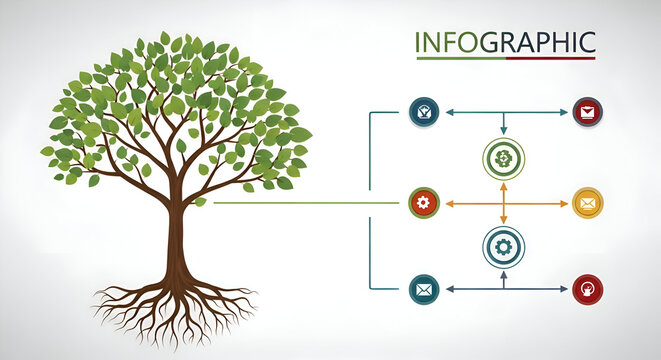 Dynamic infographic design featuring a tree representing growth, connections, and business strategy, ideal for data visualization and marketing presentations