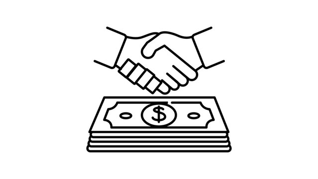 Business Loan and Financial Agreement Editable Stroke Vector Icon. Minimalist black line illustration of a handshake over a stack of dollar bills, representing investment, partnership, and deal.