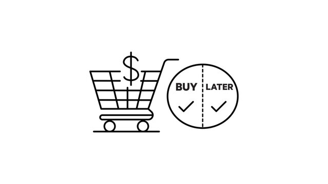 Buy Now Pay Later Concept Vector Icon Illustration with Shopping Cart and Dollar Sign, Minimalist Black Outline Design with Editable Stroke for E-commerce, Finance, and Retail Business Apps.