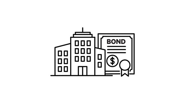 Corporate Bond Editable Stroke Vector Icon; Minimalist Line Illustration of a Business Building and Financial Certificate with Dollar Sign and Seal for Investment and Finance Concepts.