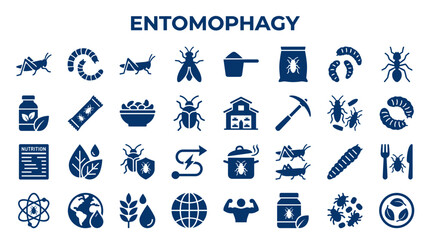 Entomophagy concept icons representing insect consumption as a sustainable food source and protein alternative with nutritional and environmental benefits © Iconique Studio