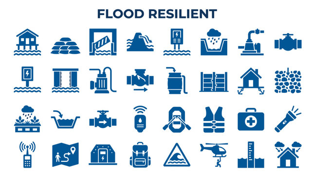 Flood resilient infrastructure and safety equipment icons collection representing disaster preparedness and emergency response solutions for water damage prevention