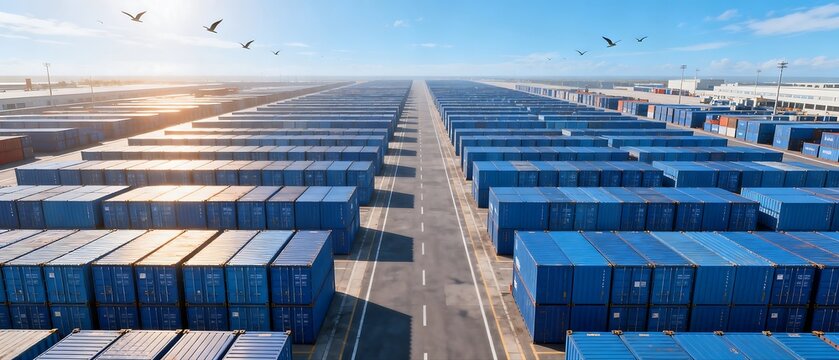 Container Terminal with Blue Containers in Industrial Port