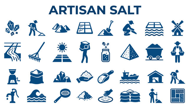 Artisan salt production process icons showing harvesting processing and packaging of natural sea salt from evaporation to final product