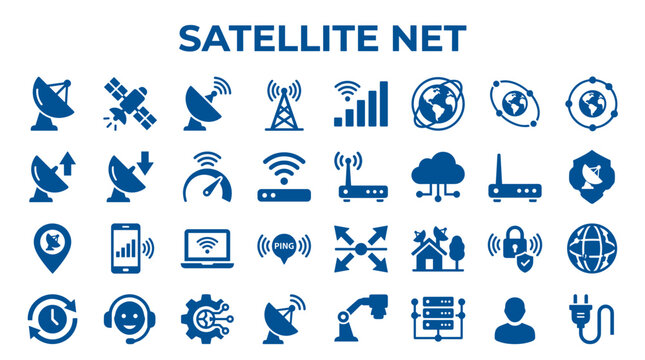 Satellite internet technology icons and symbols representing global connectivity, data transfer, network devices, and communication services for digital services
