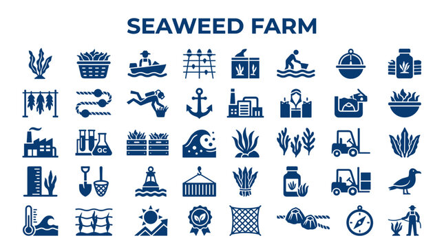 Seaweed farm icons set representing cultivation harvesting processing and aquaculture industry with marine plants and equipment