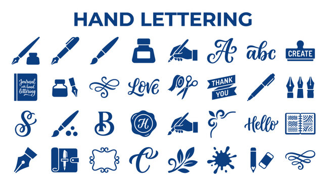 Collection of hand lettering elements and calligraphy tools for creative design and journaling