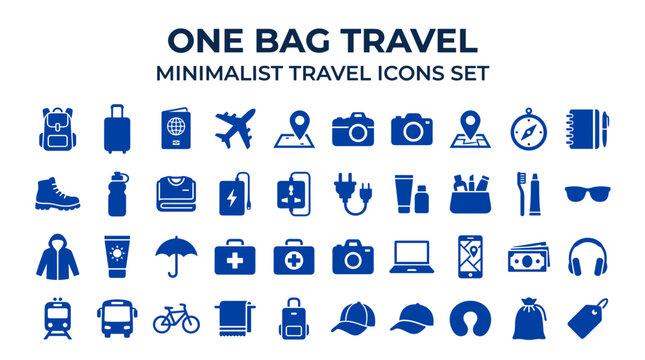 One Bag Travel Minimalist Icons Set Featuring Essential Travel Gear and Accessories for Modern Journeys