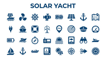 Collection of nautical and solar power icons representing sustainable marine transportation and navigation technology © Iconique Studio