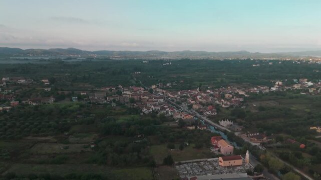 Aerial Panorama of Potami Lefkimmis Village and Green Landscape on Corfu Island