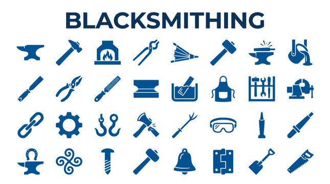 Blacksmithing tools and equipment icons set for metalworking craft and artisanal forging industry concept
