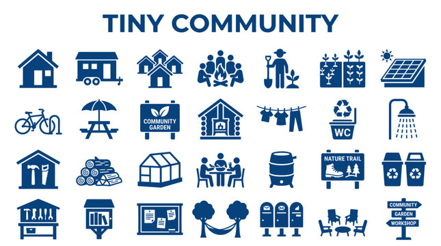 Tiny Community Icons Set Representing Sustainable Living Eco Friendly Housing and Shared Resources