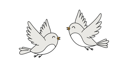 Fototapeta premium Two cute small grey birds flying together with happy expressions against a clean white background in a simple and clean cartoon style.