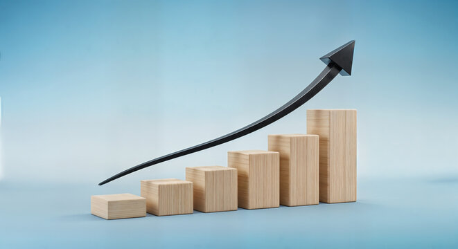 Wooden blocks with rising arrow graph