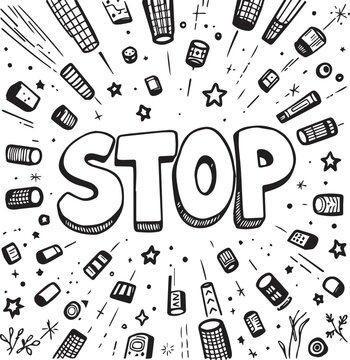 Hand drawn doodle lettering stop with fireworks and stars