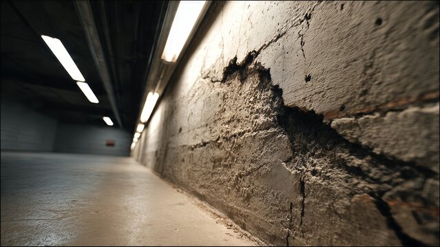 Industrial basement corridor with exposed concrete wall and fluorescent lighting