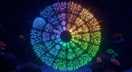 Naklejka premium Vibrant underwater coral reef displaying a spectrum of colors and diverse marine life forms in a mesmerizing circular arrangement, perfect for nature and science themes.