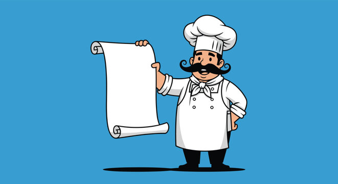 Large mustachioed chef wearing a white toque and apron holding up a long blank scroll, providing space for a restaurant menu or a message.