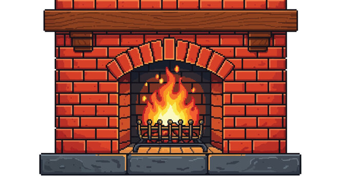 A pixel art depiction of a classic brick fireplace with a warm glowing fire inside