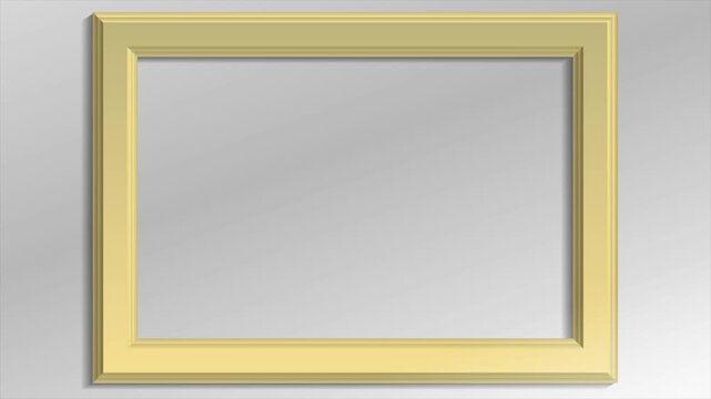Zoom out from horizontal golden empty picture frame on gray wall with shadows. Video animation Ultra HD 4K 3840x2160