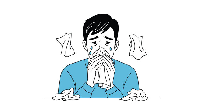 Sick or sad man in a blue sweater crying and wiping his nose with a tissue surrounded by several used crumpled tissues.