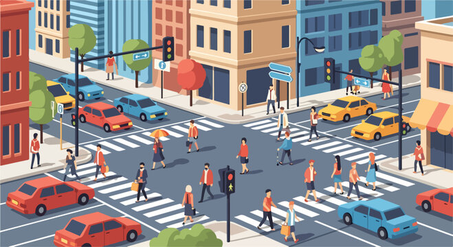 A busy city street with people crossing and cars driving
