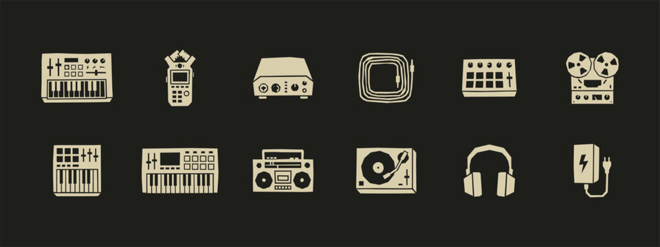 Vintage Style Music Production Gear Icons Collection with Synthesizer Drum Machine and Headphones